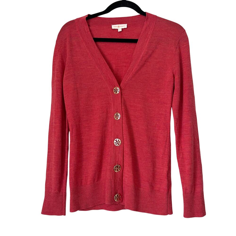Tory Burch 100% Merino Wool Logo Button Cardigan Coral Pink Size S
